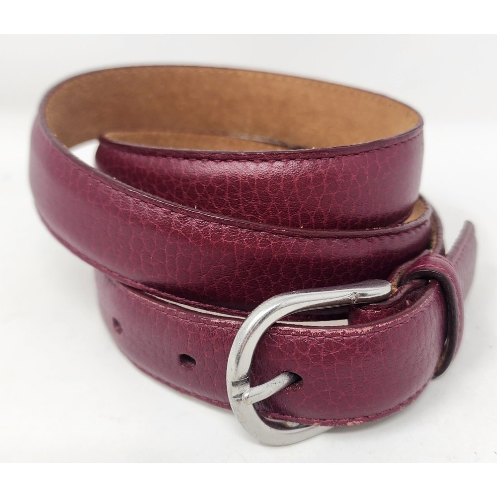 LL Bean Full Grain Leather Belt Women's L Red Classic Silver Buckle